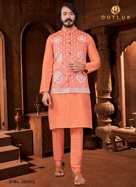 Oarnge Colour New Exclusive Festive Wear Kurta Pajama With Jacket Mens Collection 46003